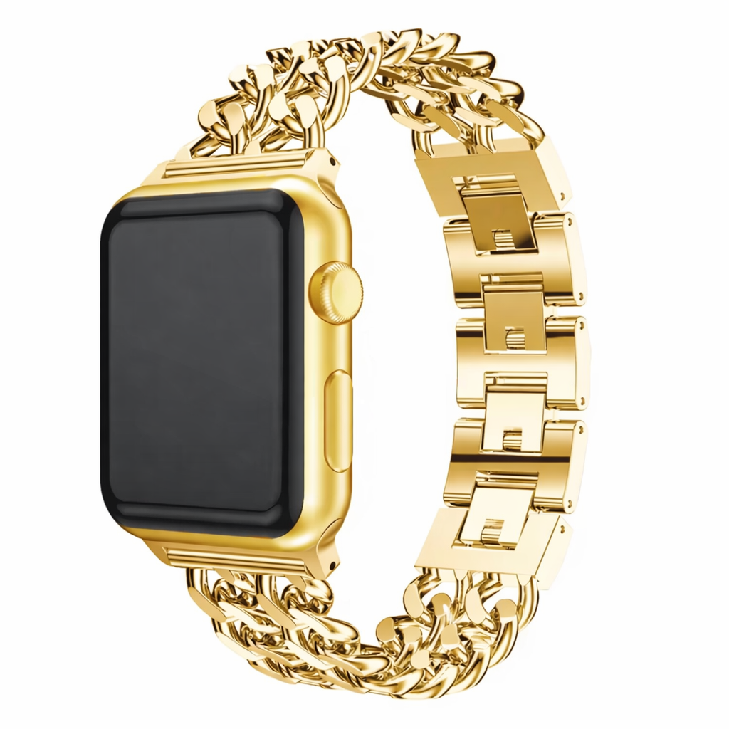 Gold stainless steel smartwatch band with adjustable links, minimalist design