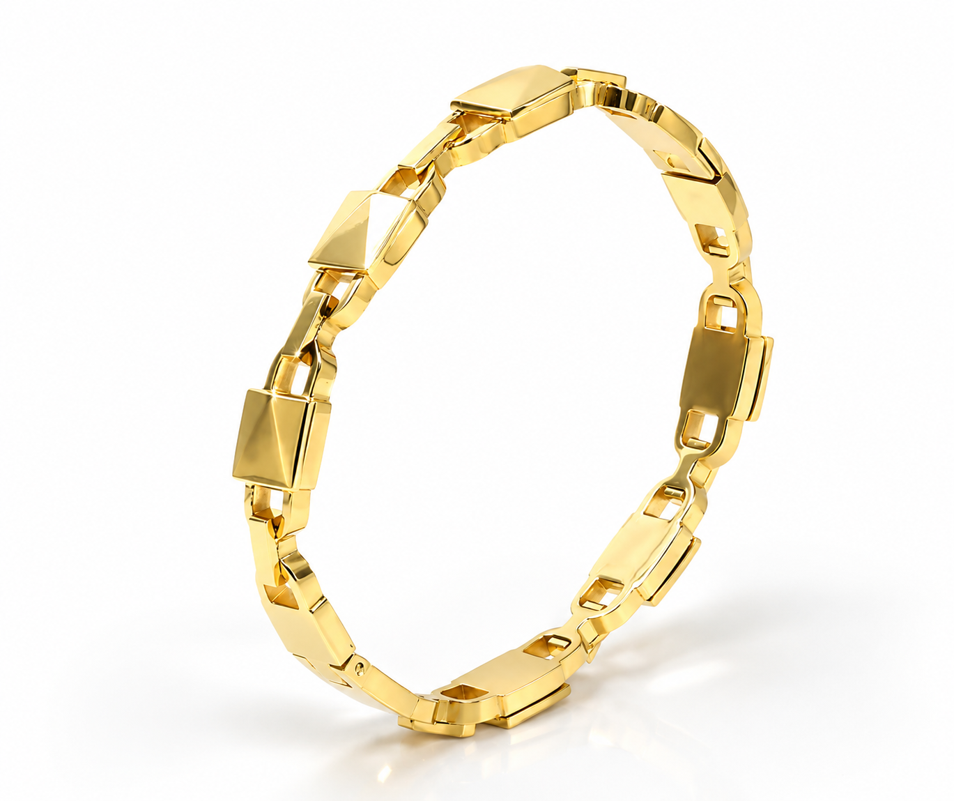 Bailey Bangle in 18k gold plating featuring polished geometric links and stainless steel construction.