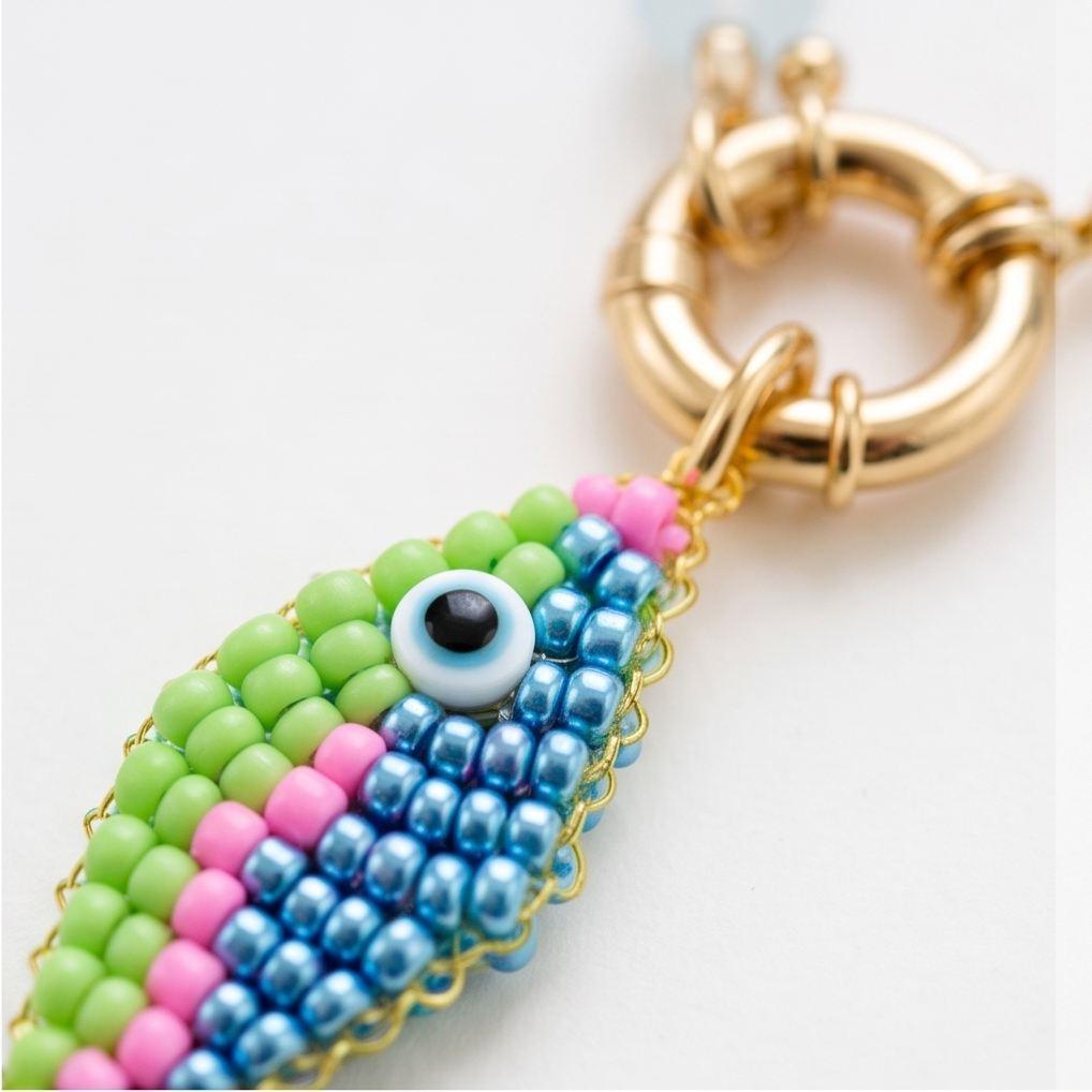 Close-up of the handmade beaded fish charm with evil eye detail and 18k gold-plated clasp.