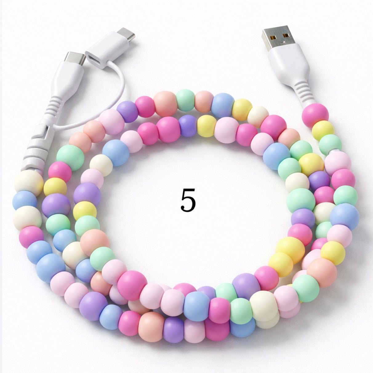 Colorful beaded charging cable with USB connector and 2-in-1 Type-C and Lightning ends on white background