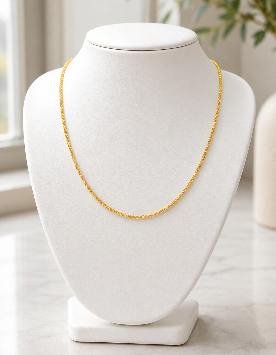 2mm 14k gold-plated 925 sterling silver chain displayed on a white jewellery bust.