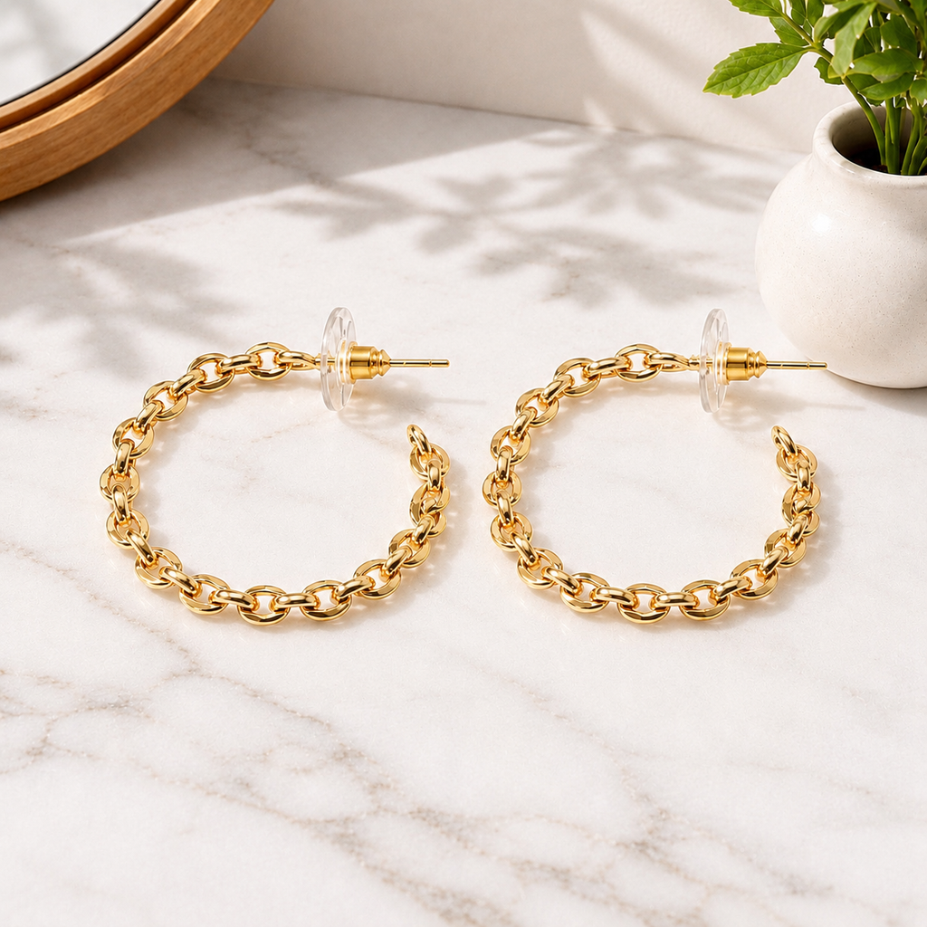 14k gold plated textured hoop earrings in a medium 33mm size