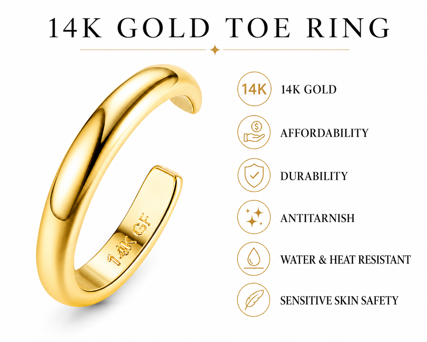 Close-up of adjustable gold toe ring with polished finish, showcasing a sleek open-band design suitable for everyday wear