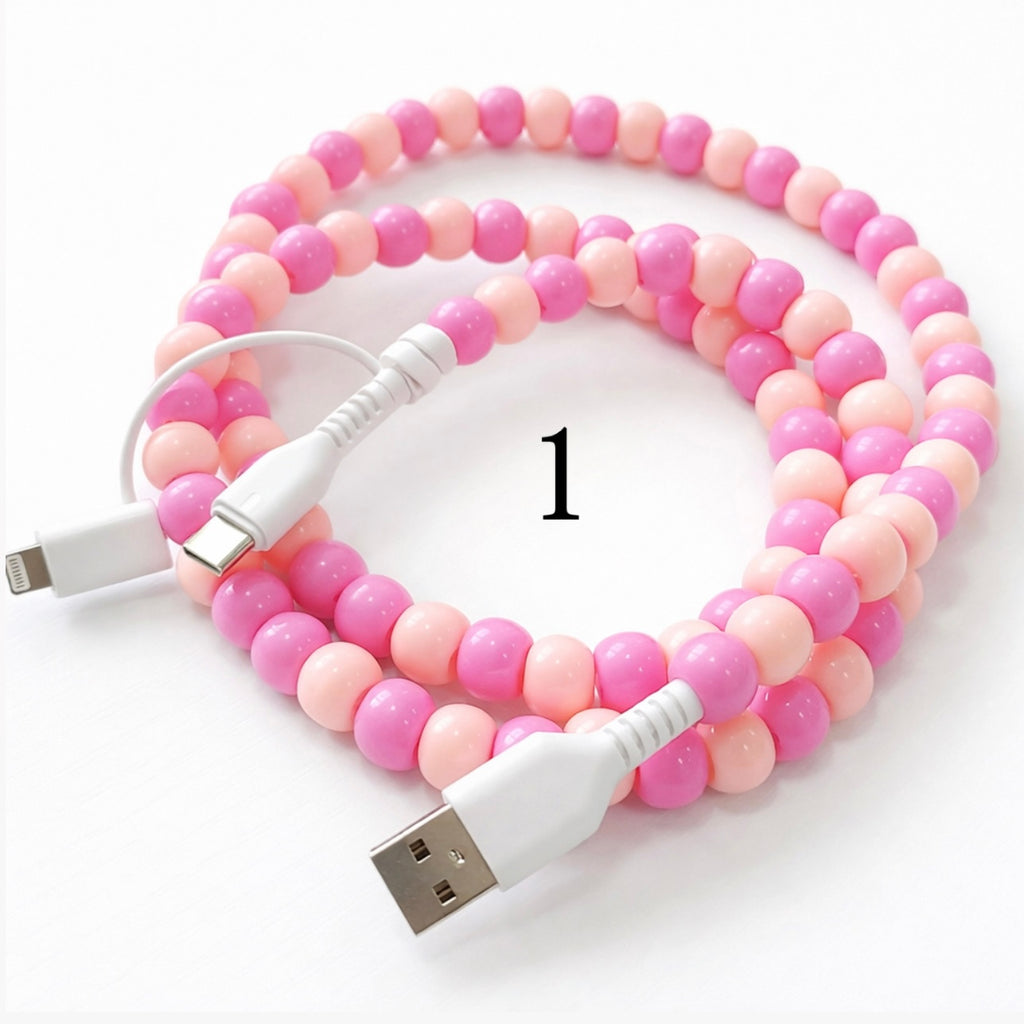 Colorful beaded charging cable with USB connector and 2-in-1 Type-C and Lightning ends on white background