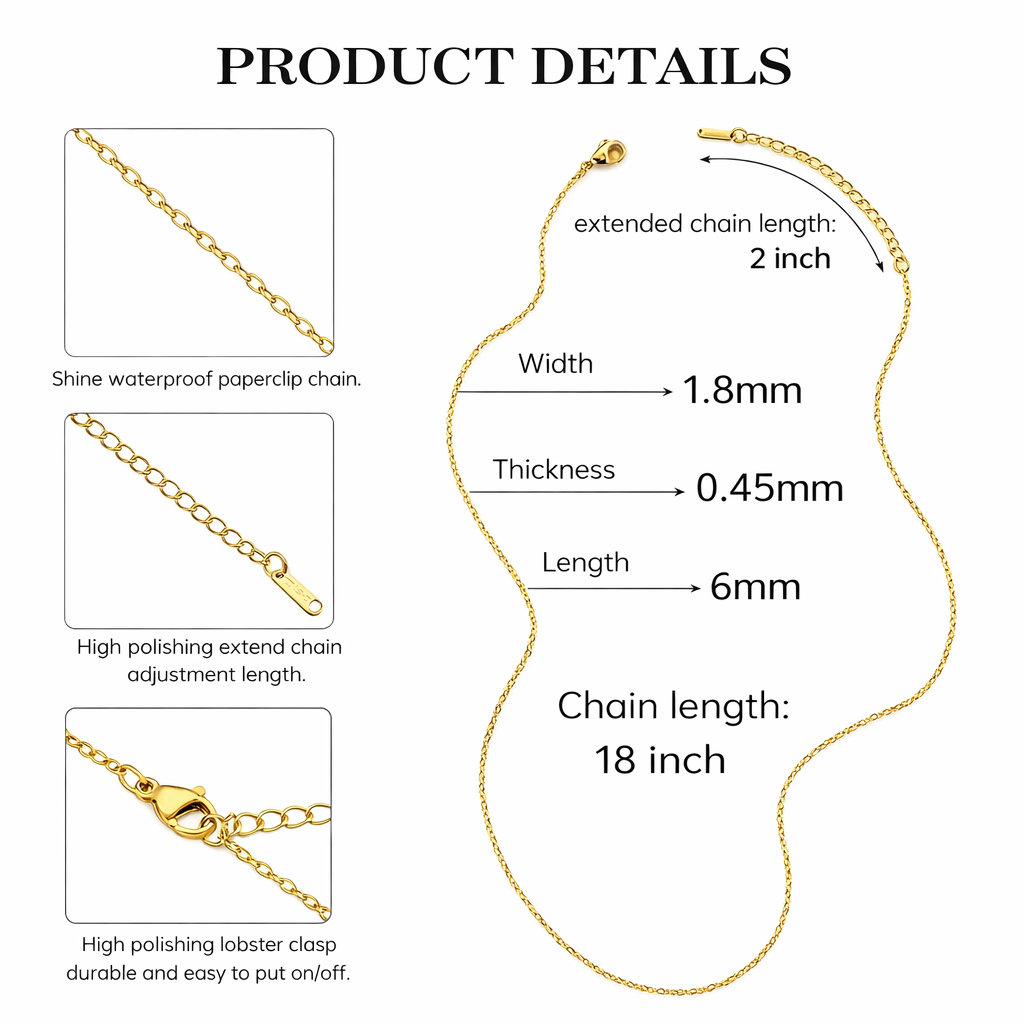 18 inch gold plated stainless steel necklace with extender chain lobster clasp and paperclip chain product details diagram