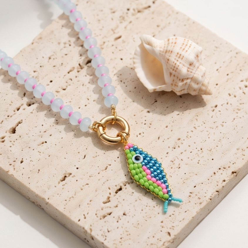 Lucky Catch fish charm necklace displayed on a neutral stone tile with seashell accents.