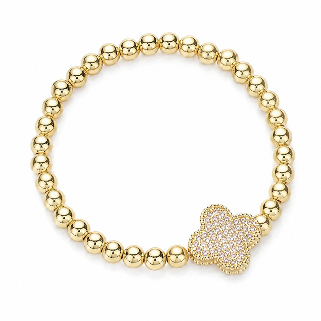 14k Gold plated beaded stretch bracelet with a clover-shaped charm
