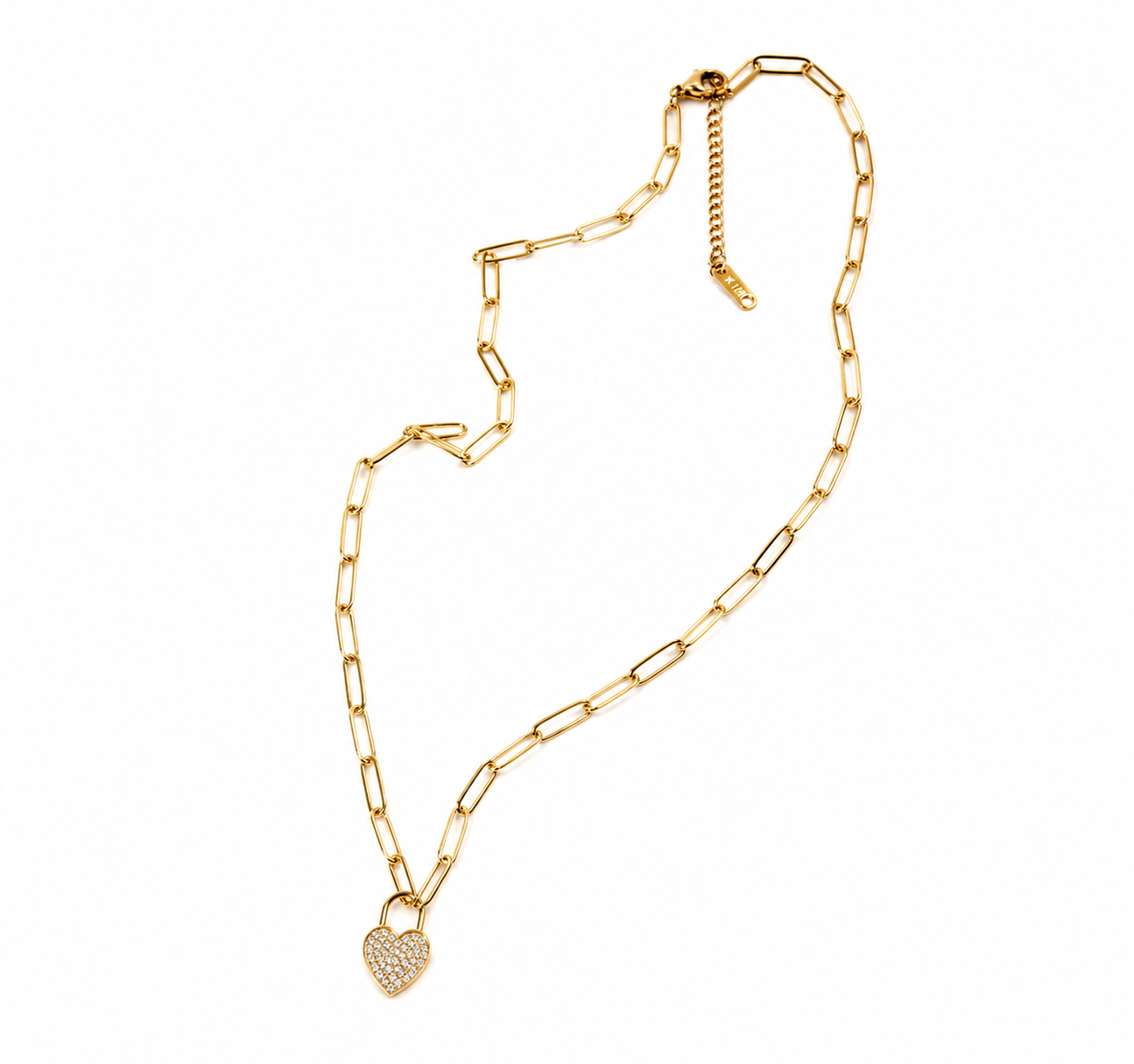 18k gold plated stainless steel paperclip chain with Pavé heart pendant laying on white background