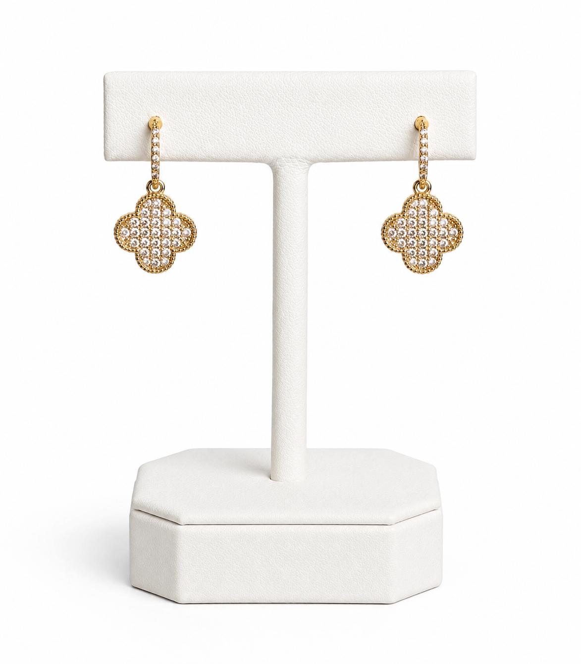 Lucky Clover Earrings featuring a 14k gold-plated clover drop design with pavé cubic zirconia crystals.
