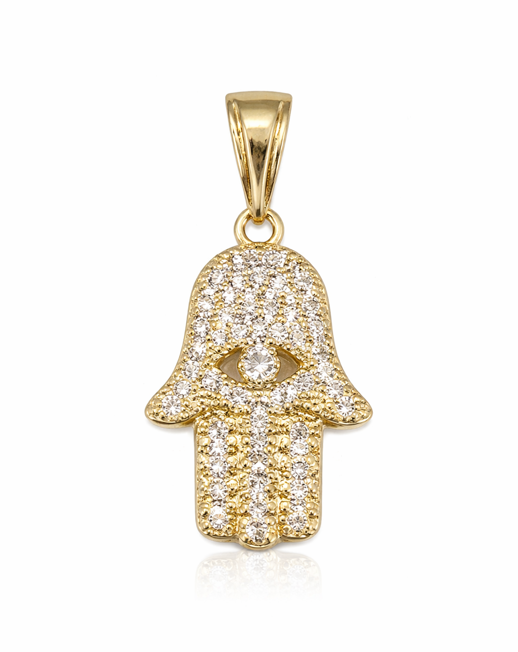 Gold Hamsa hand pendant with cubic zirconia stones on a white background