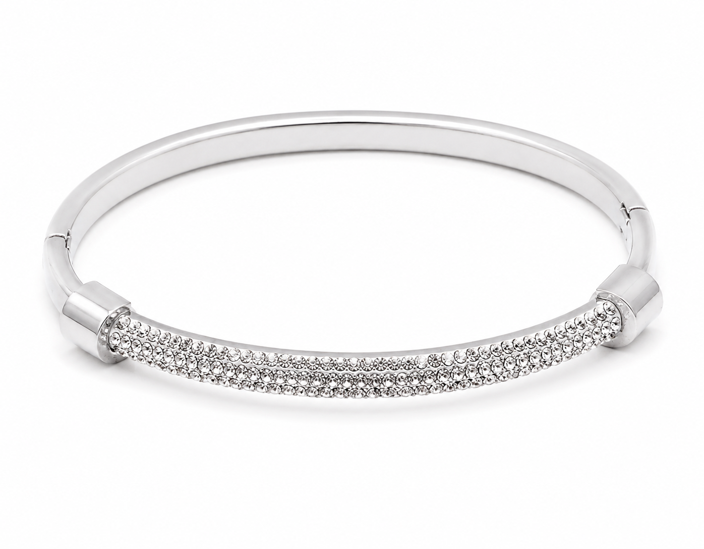 Silver stainless steel crystal pavé bangle bracelet with a slim polished band.