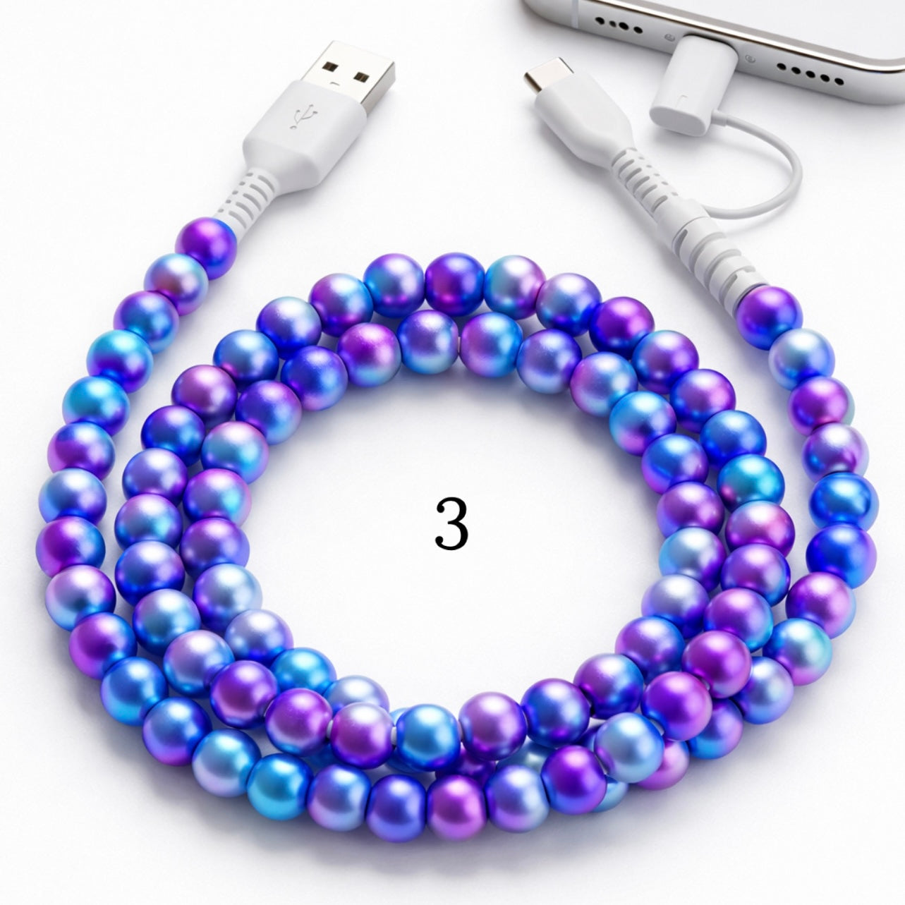 Colorful beaded charging cable with USB connector and 2-in-1 Type-C and Lightning ends on white background