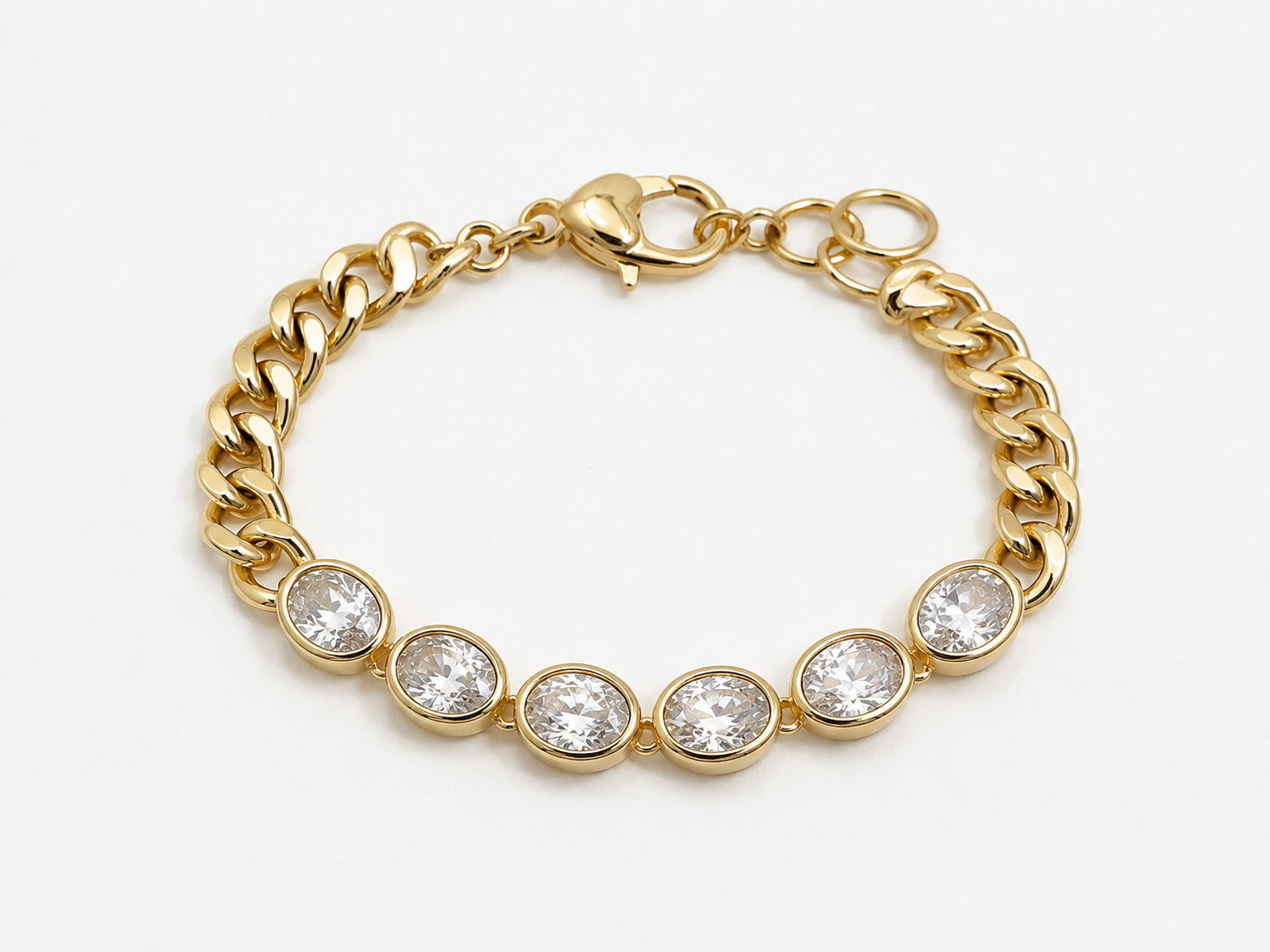Dakota Bracelet in 14k gold plating with oval cubic zirconia stones and chunky cable link chain