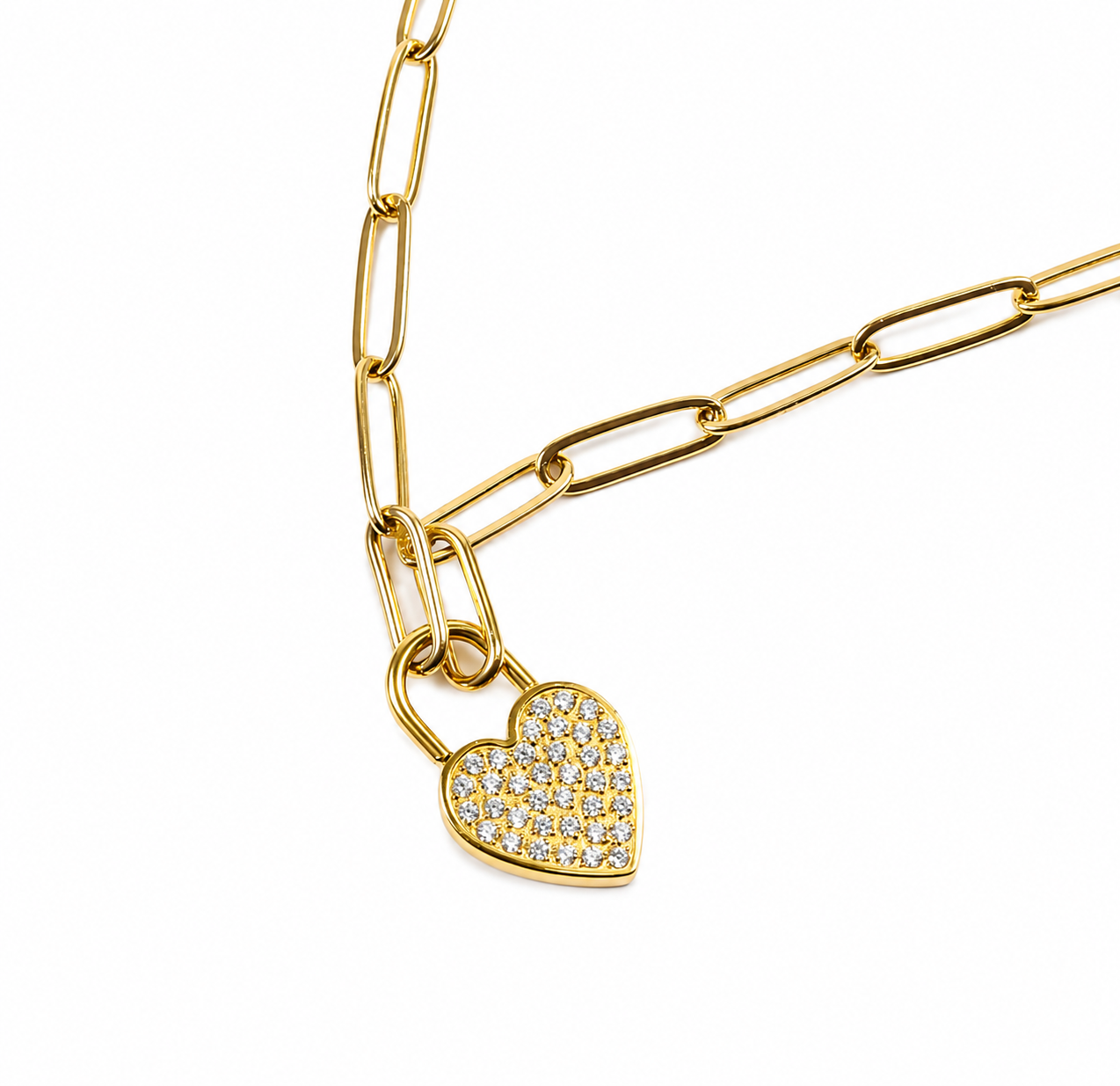 18k gold plated stainless steel paperclip chain with Pavé heart pendant