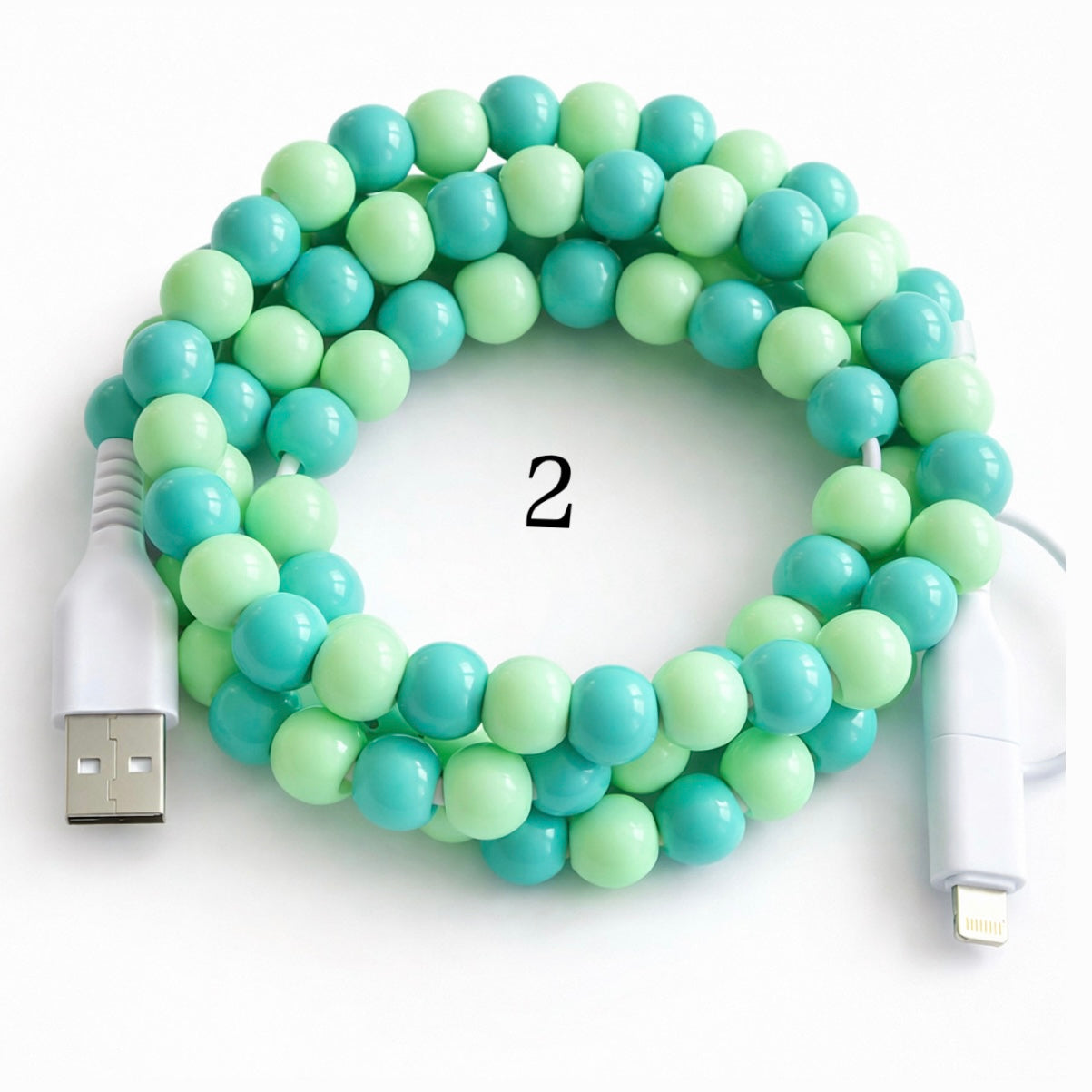 Colorful beaded charging cable with USB connector and 2-in-1 Type-C and Lightning ends on white background