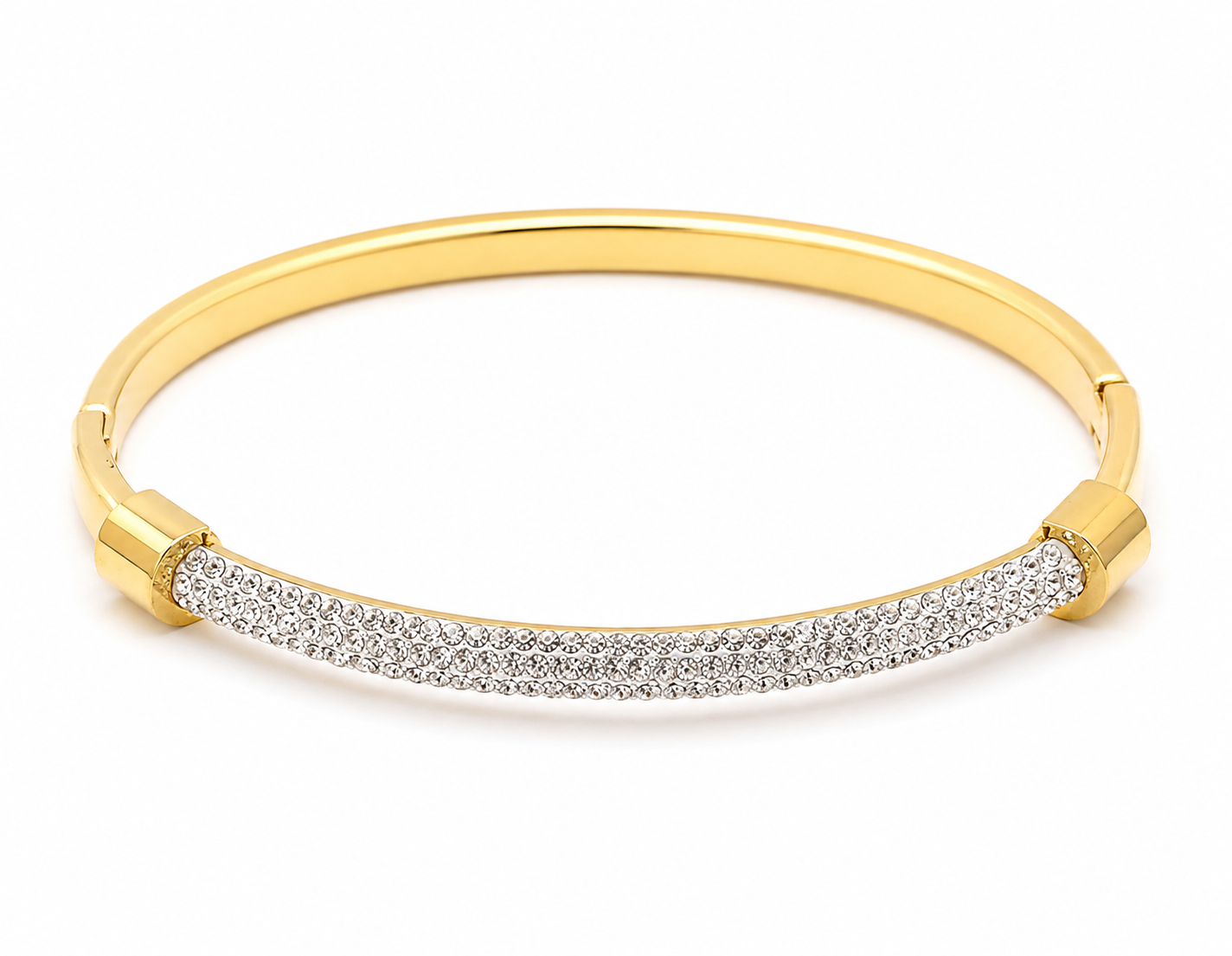 Gold stainless steel crystal pavé bangle bracelet with a slim polished band.