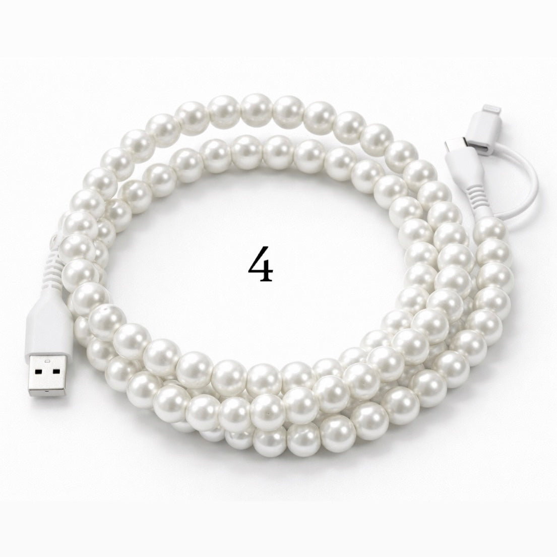 Colorful beaded charging cable with USB connector and 2-in-1 Type-C and Lightning ends on white background