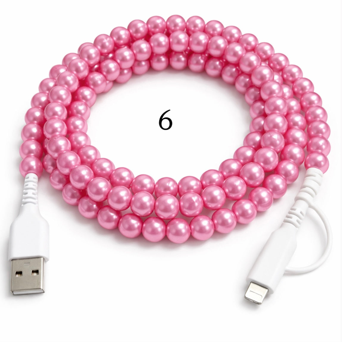 Colorful beaded charging cable with USB connector and 2-in-1 Type-C and Lightning ends on white background