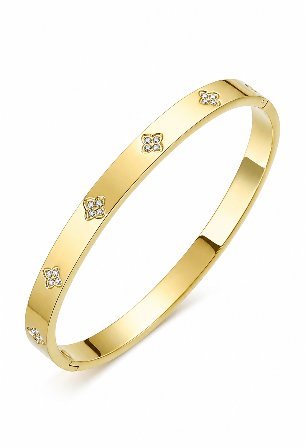 Starlight gold stainless steel bangle bracelet with sparkling cubic zirconia clover details.
