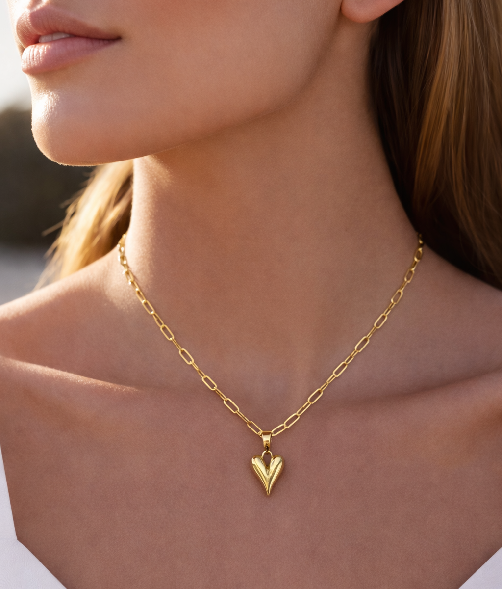 heart charm worn on a gold chain