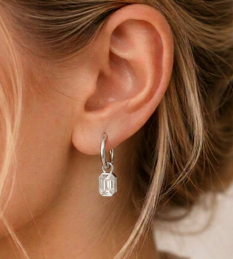 Rhodium hoop earrings with octagon crystal drop on ear, lightweight everyday jewellery