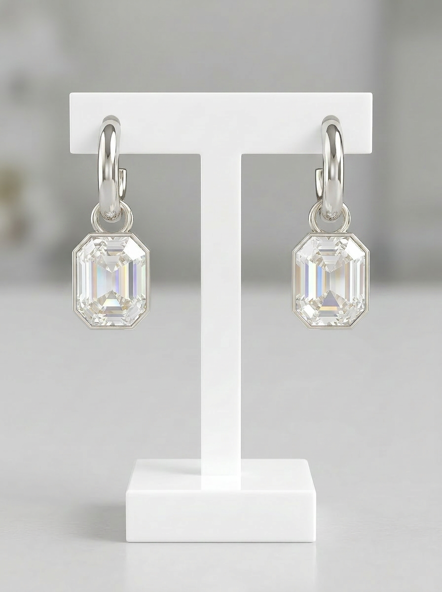 Rhodium hoop earrings with octagon crystal drop on stand, lightweight everyday jewellery