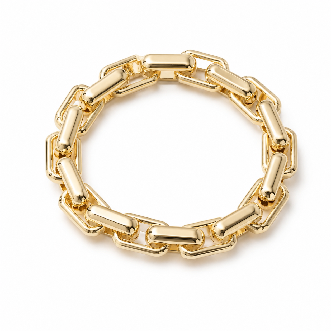 Cooper Bracelet, 14 karat gold plated rectangle link stretch bracelet with polished gold-tone links on a white background.