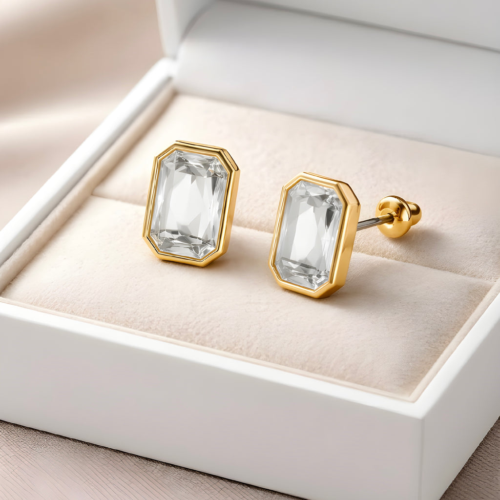 Crystal stud earrings in gift box, gold setting with clear stones
