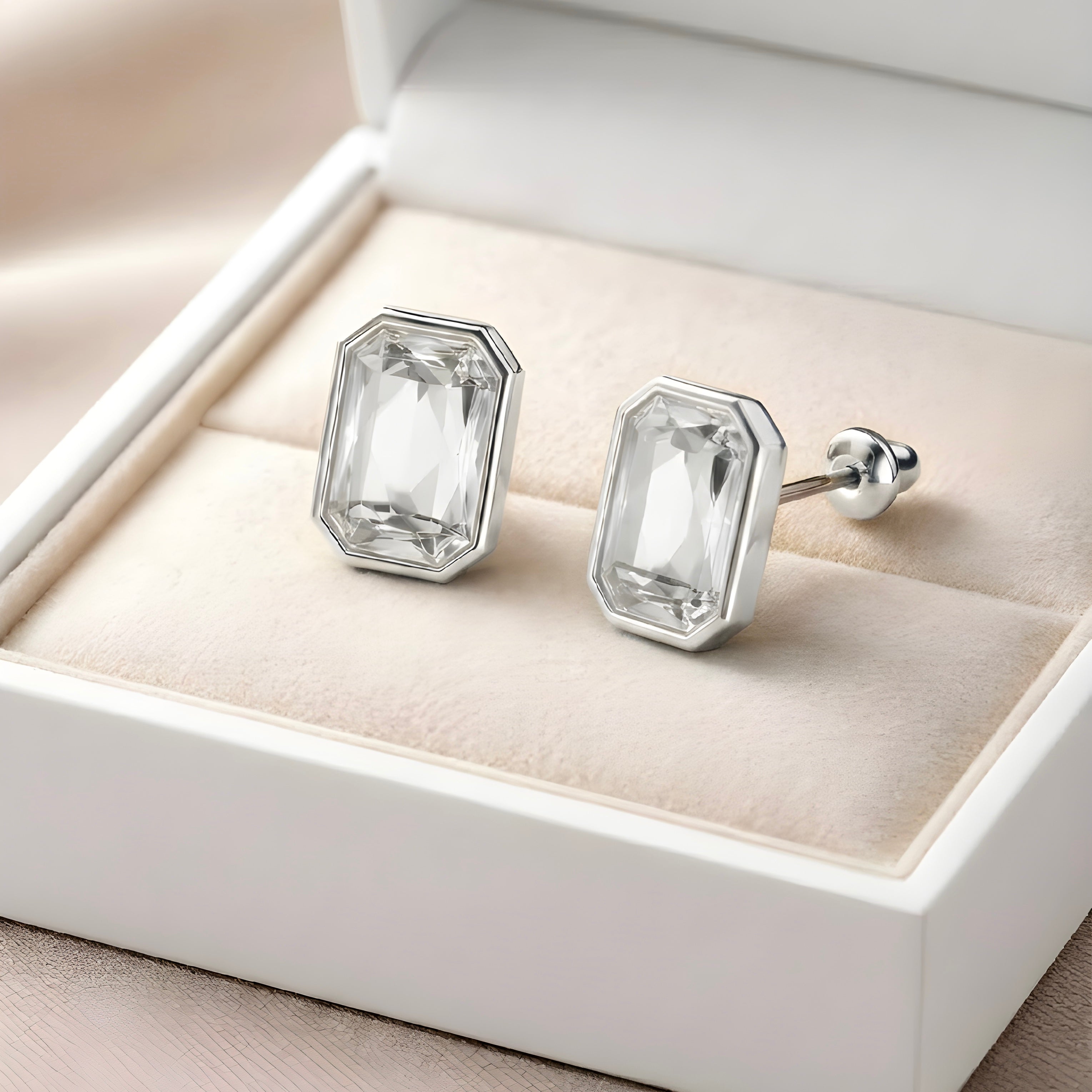 Crystal stud earrings in gift box, silver rhodium setting with clear stones