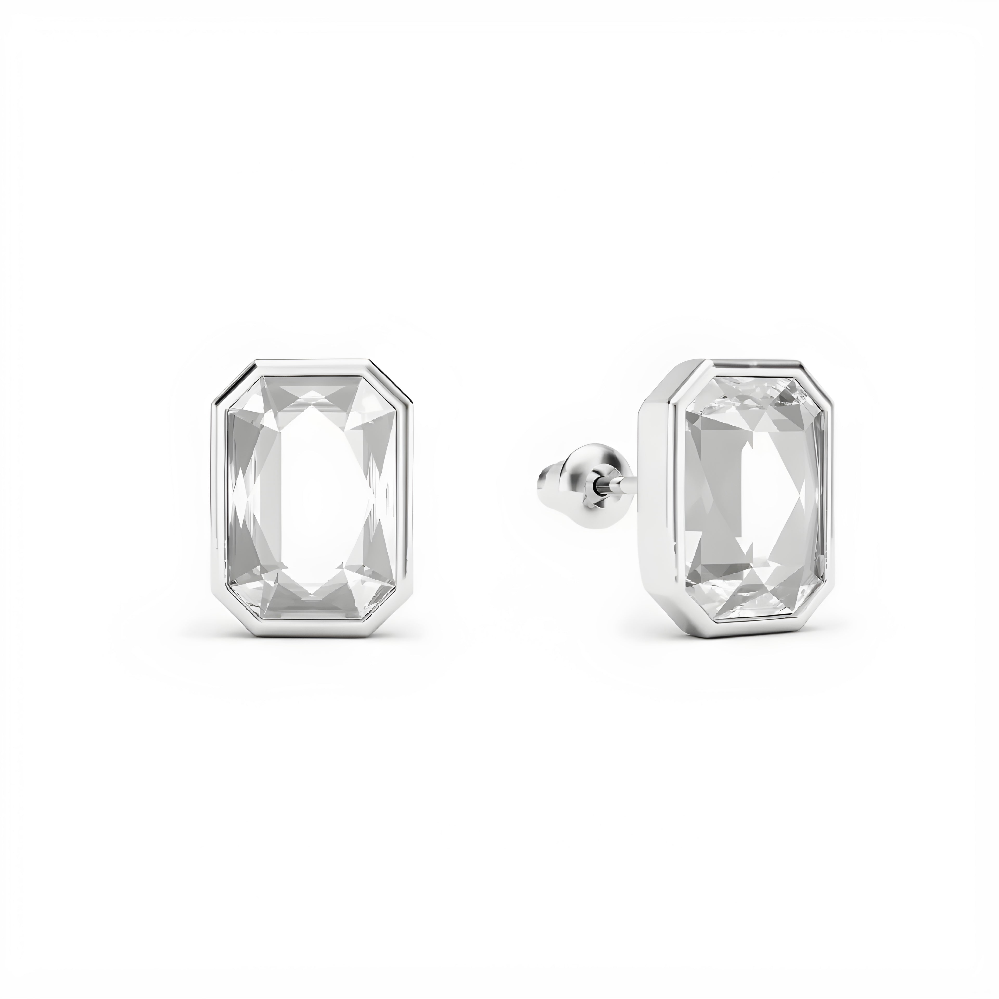 Pair of silver stud earrings with rectangular gemstones on a white background