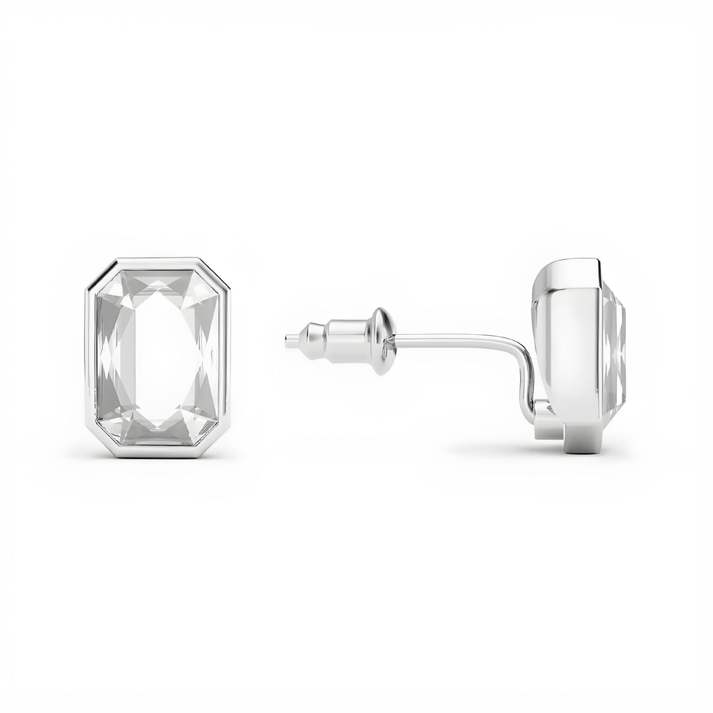 Silver stud earrings with clear gemstones on a white background