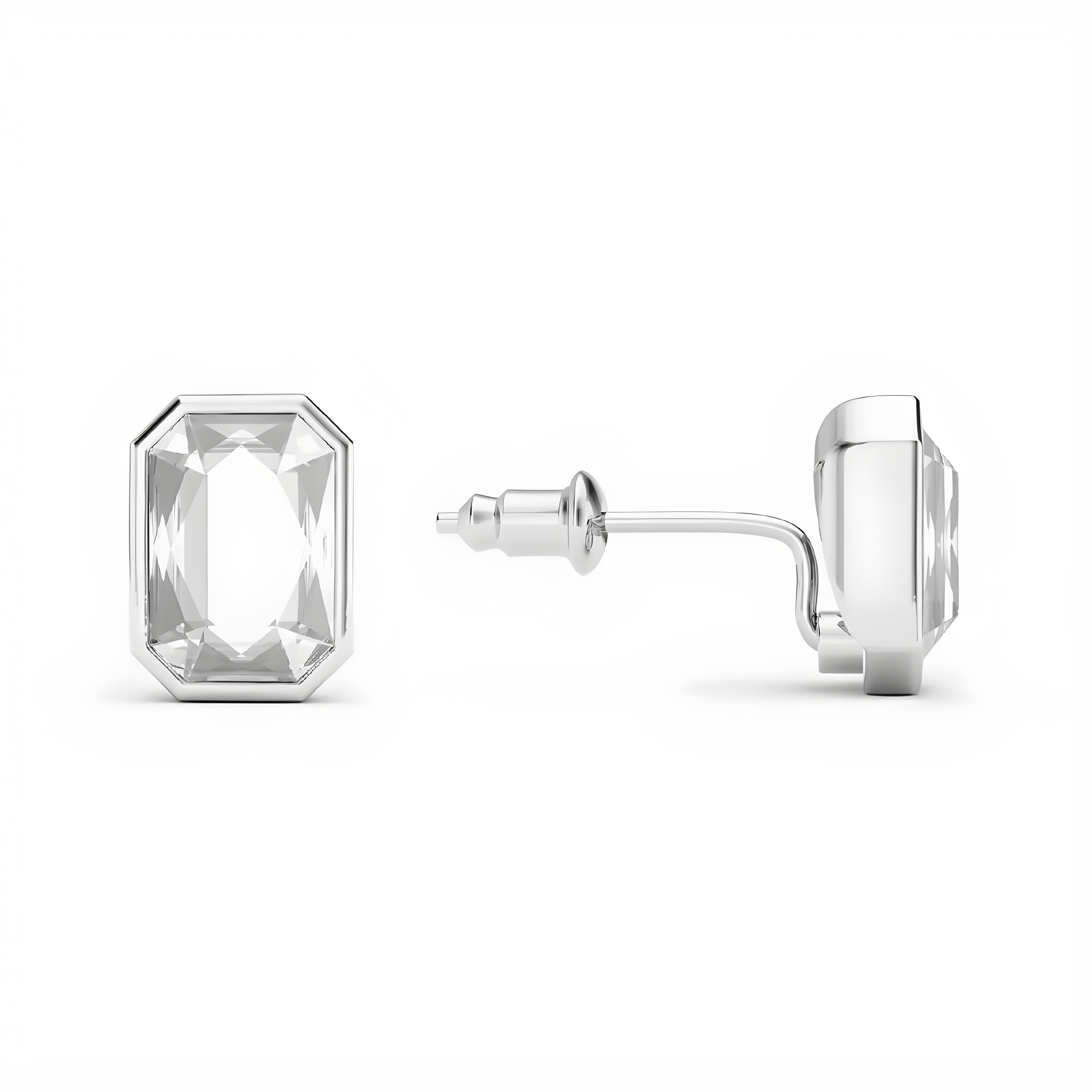 Silver stud earrings with clear gemstones on a white background