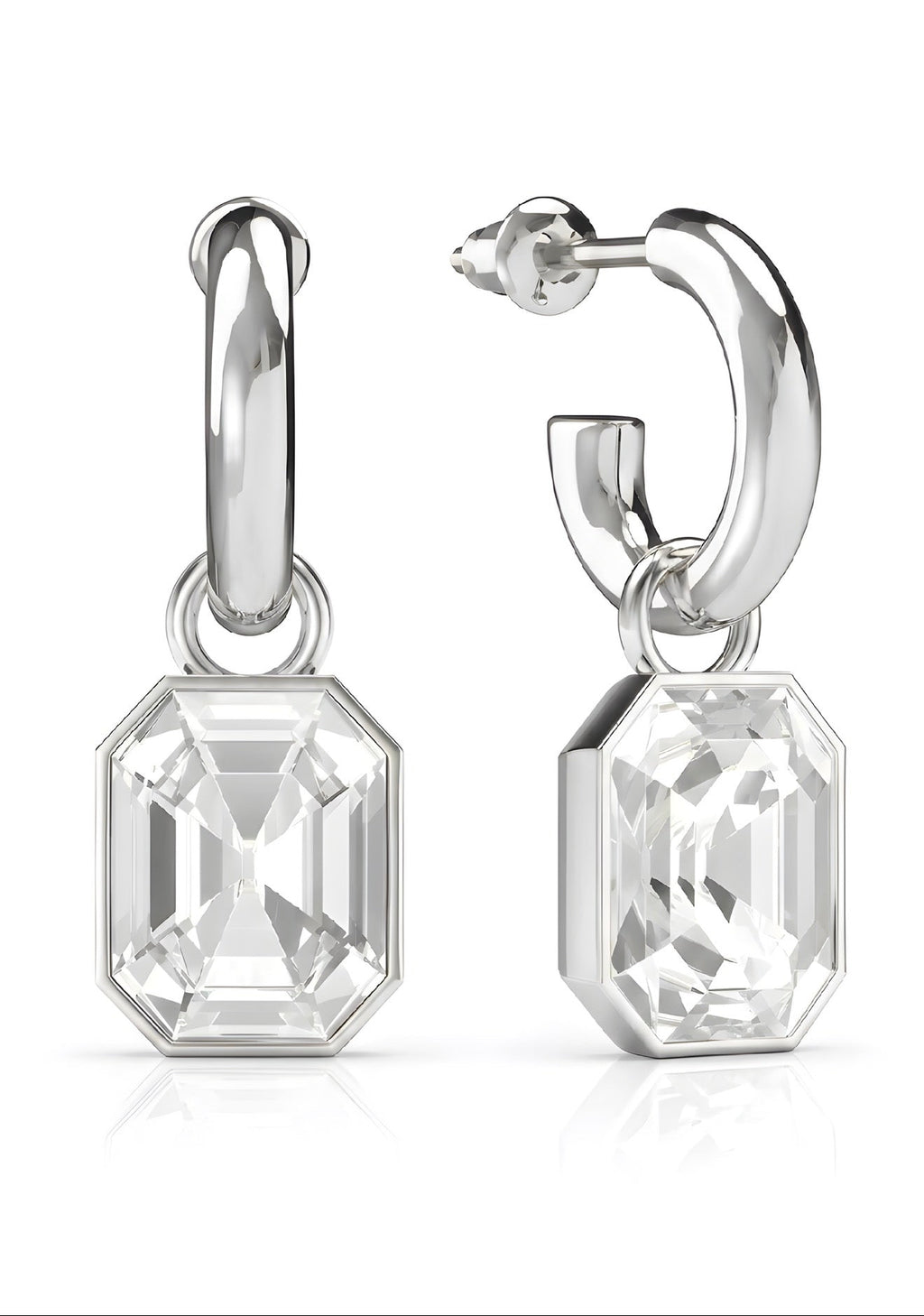 Rhodium hoop earrings with octagon crystal drop, lightweight everyday jewellery