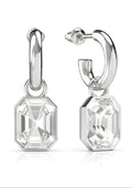 Rhodium hoop earrings with octagon crystal drop, lightweight everyday jewellery