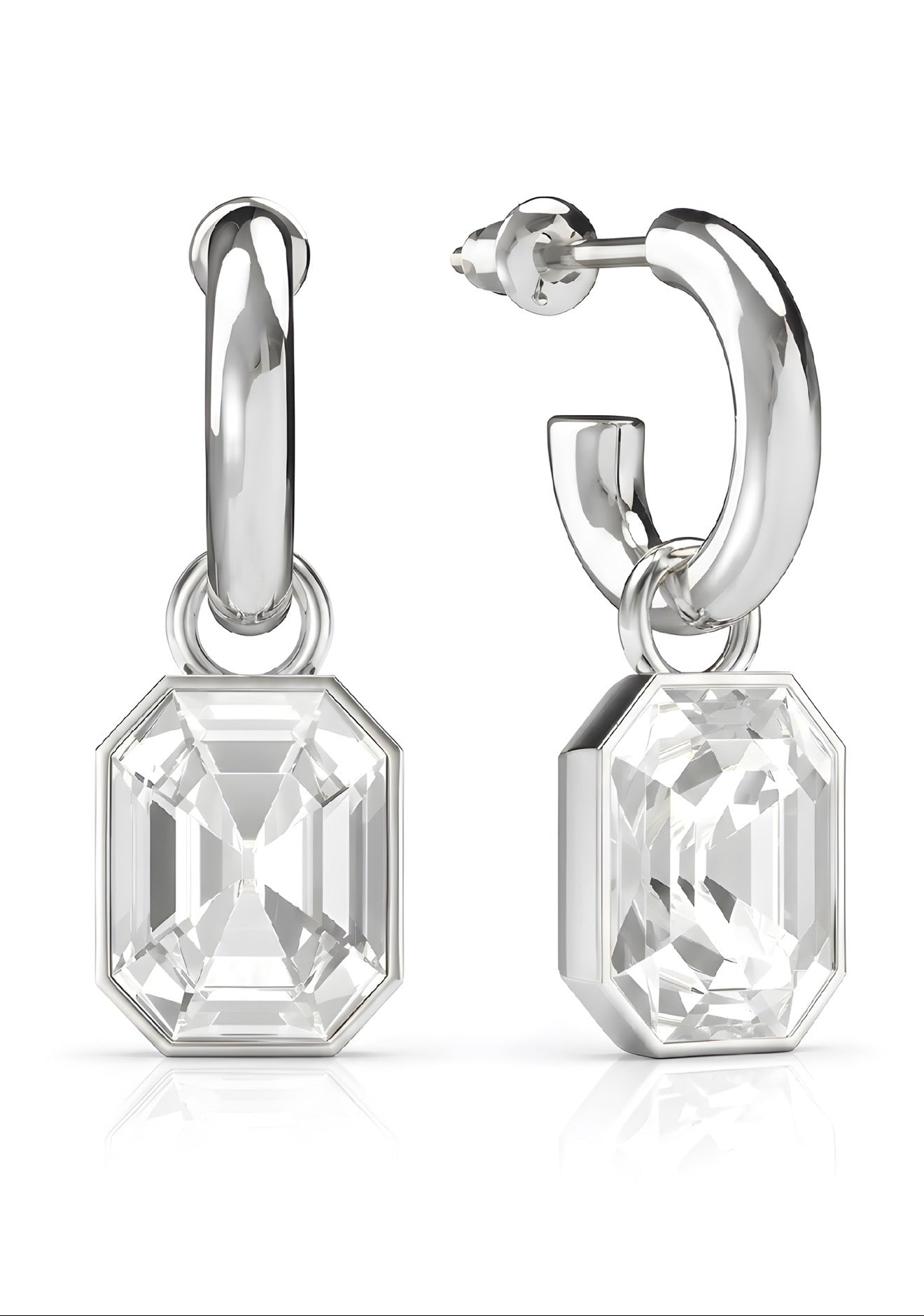Rhodium hoop earrings with octagon crystal drop, lightweight everyday jewellery