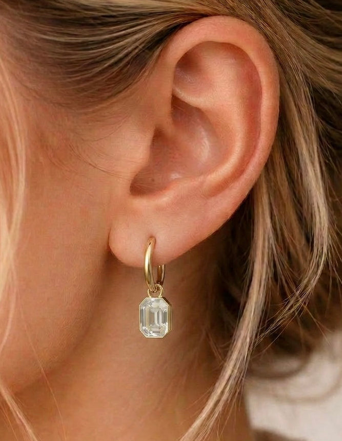 gold hoop earrings with octagon crystal drop on ear, lightweight everyday jewellery