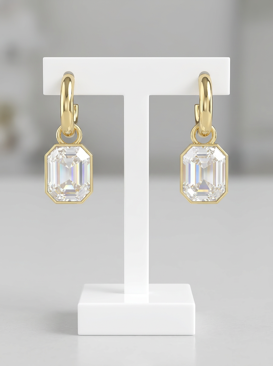 gold hoop earrings with octagon crystal drop on stand, lightweight everyday jewellery