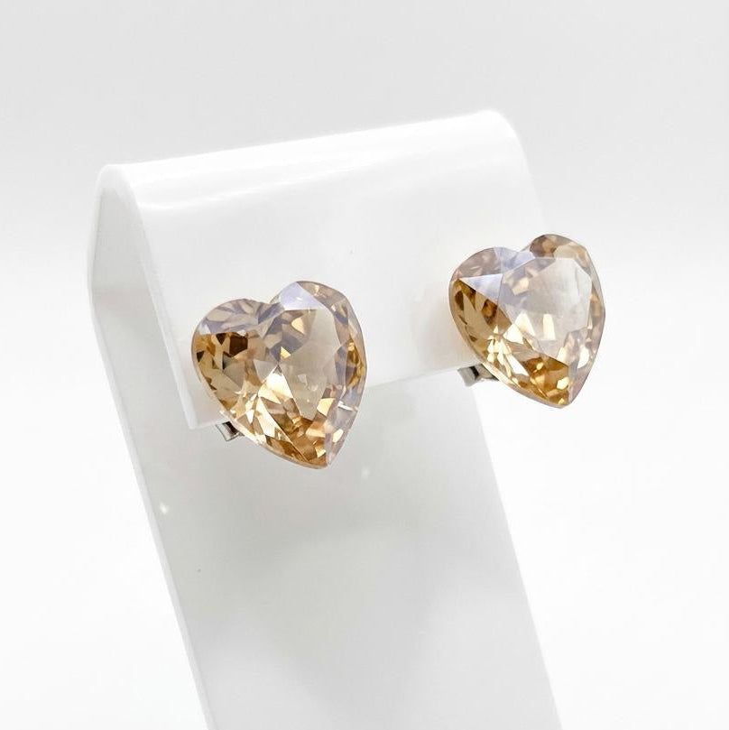 Heart shaped Champagne crystal stud earrings with gold tone setting