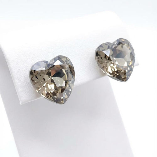 Smoky champagne heart crystal stud earrings in gold tone finish