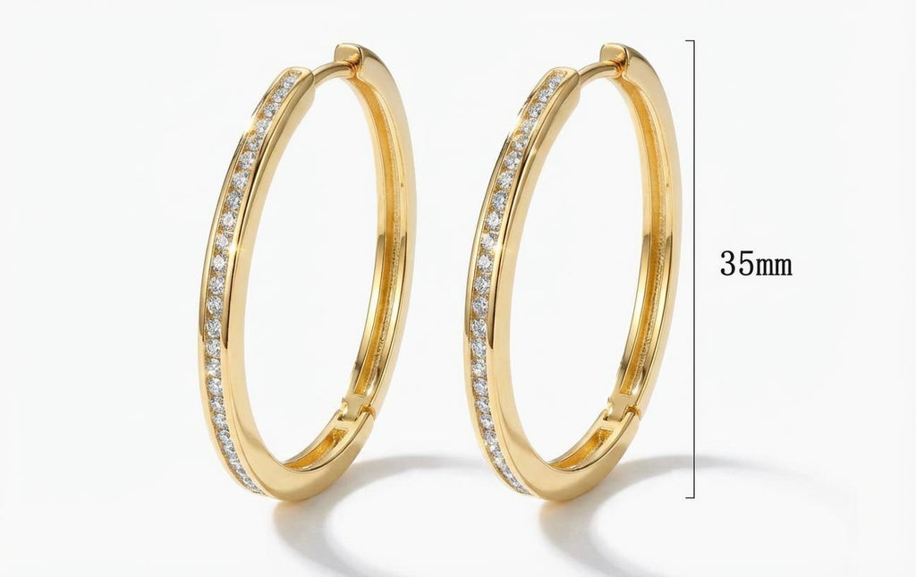 Gold-plated hoop earrings shown with 35mm diameter measurement