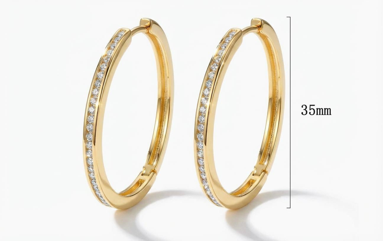 Gold-plated hoop earrings shown with 35mm diameter measurement