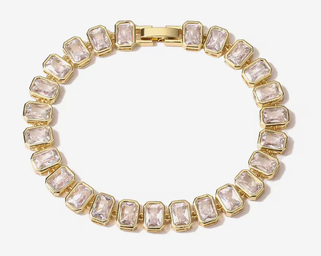 Gold plated, crystal tennis bracelet with rectangular stones