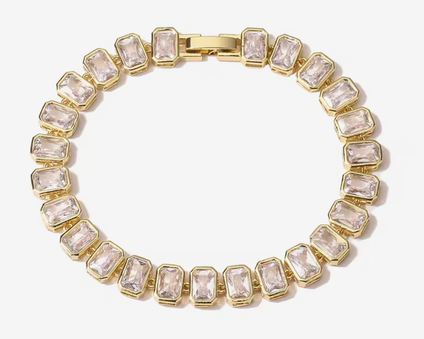 Gold plated, crystal tennis bracelet with rectangular stones