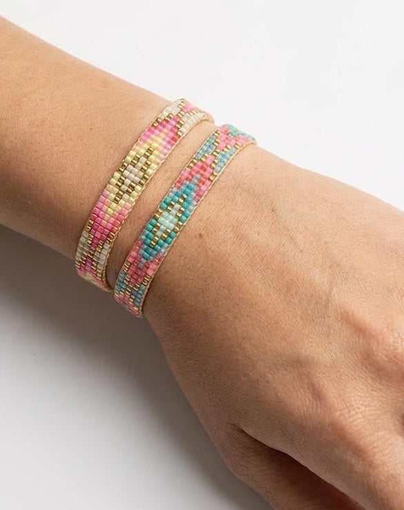 Close-up of geometric Miyuki bead bracelet with multicolour glass beads