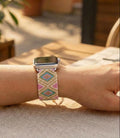 Miyuki bead smart watch strap with geometric pattern, worn on wrist