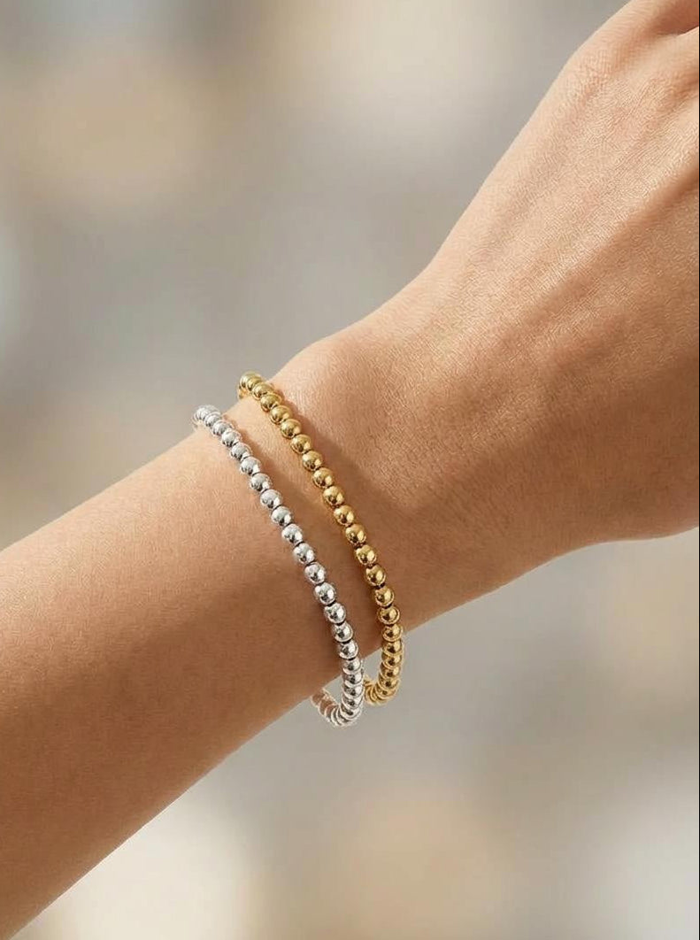 18K gold plated sterling silver 4 mm beaded bracelet worn on wrist
