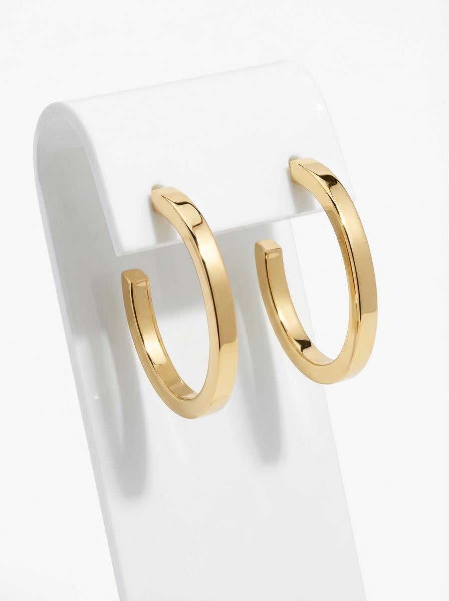Thin square edge, gold plated hoop, earrings, with clean, modern shape
