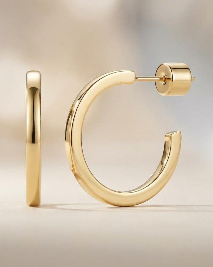 Open square edge, hoop, earrings in gold plated finish with slim profile