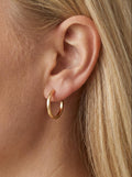 Gold plated, square, edge, hoop, earrings, worn on ear with minimalist polished finish