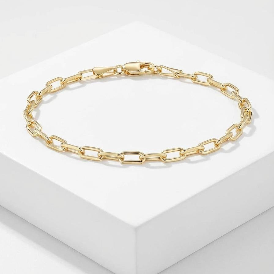 Paper clip chain bracelet with lobster clasp and 14K gold plated finish